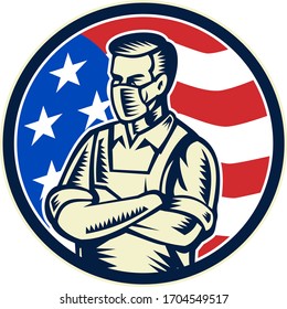 Mascot illustration of a food worker, grocery, supermarket,  front line or essential worker, wearing an apron and face mask as a hero with USA stars and stripes flag set in circle retro woodcut style.