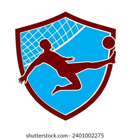 Mascot illustration of footvolley player doing a bicycle kick kicking the ball with net set inside shield or badge on isolated white background done in retro style.