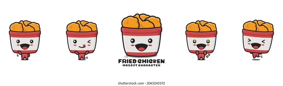 mascot illustration of fried chicken in a bucket.  with different facial expressions and poses, isolated on white background