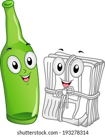 Mascot Illustration of a Glass Bottle and a Stack of Newspaper