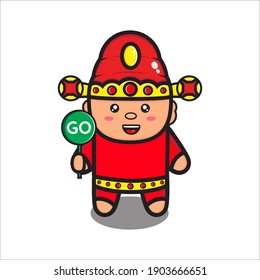 mascot illustration of god of prosperity cute with go sign, cute character of chinese god of prosperity vector eps 10 on white background