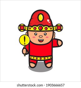 mascot illustration of god of prosperity cute with caution sign, cute character of chinese god of prosperity vector eps 10 on white background
