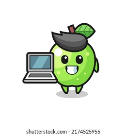 Mascot Illustration of green apple with a laptop , cute style design for t shirt, sticker, logo element
