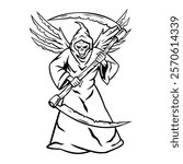 Mascot illustration of the grim reaper wielding a double sided scythe or flying guillotine in fighting stance viewed from front on isolated background in black and white retro style.