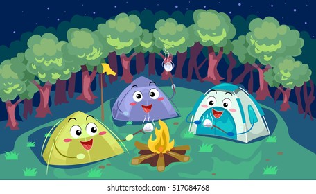 Mascot Illustration of a Group of Camping Tents Cooking Smores Together