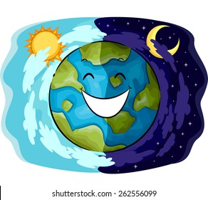Mascot Illustration of a Happy Earth Showing the Contrast Between Day and Night