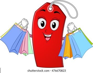 Mascot Illustration of a Happy Price Tag Carrying Shopping Bags