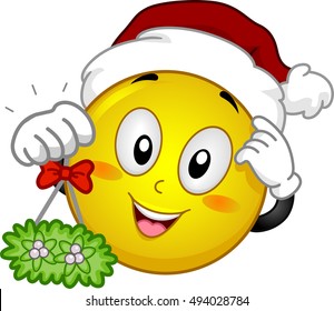 Mascot Illustration of a Happy Smiley in a Red Christmas Hat Carrying a Mistletoe Branch