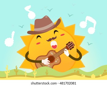 Mascot Illustration of a Happy Sun in a Fedora Hat Strumming the Guitar While Singing a Song