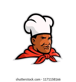 Mascot illustration of head of an African American chef, cook or baker looking to side on isolated white background done in retro style.