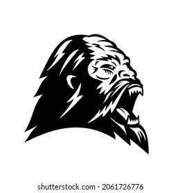 Mascot illustration of head of angry Bigfoot or Sasquatch, an ape-like creature purported to inhabit the forests of North America viewed from side on isolated background black and white retro style.