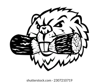 Mascot illustration of head of an angry North American beaver or Eurasian beaver biting a log tree stump viewed from front on isolated background in retro cartoon style.