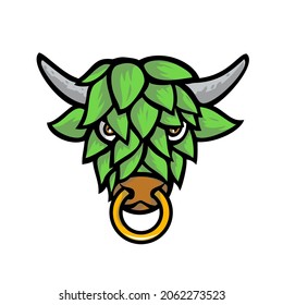 Ilustración en mascota de la cabeza de un toro de cuerno corto verde con la cara de lentejas de cerveza vista desde el frente sobre un fondo aislado en un estilo retro negro y blanco.