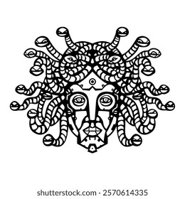 Mascot illustration of head of a humanoid female robot cyborg like Medusa or Gorgo or the Gorgon with robotic snakes as hair viewed from front on isolated background in retro style.