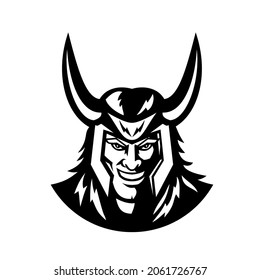 Mascot illustration of head of Loki the great trickster and god of mischief in Norse mythology viewed from front on isolated background in black and white retro style.