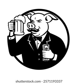 Mascot illustration of head of Mister Mr Pig wearing tuxedo business suit holding toasting beer mug and wad of cash front view set in side circle on isolated background in retro black and white style.