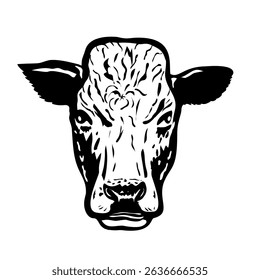 Mascot illustration of head of a Pustertaler Sprinzen, Pustertaler or Pustertaler Schecken, a rare Italian breed of cattle front view on isolated white background in retro black and white style.
