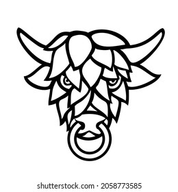 Mascot illustration of head of a short horned bull with beer hop face viewed from front on isolated background in retro black and white style.