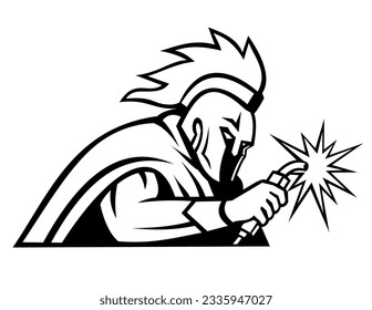 Mascot illustration of head of a Spartan soldier welder with welding torch viewed from side on isolated background in retro style.