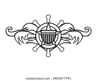 Mascot illustration of helm with star shield and waves viewed from front on isolated white background done in black and white retro. style.
