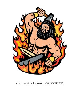 Mascot illustration of Hephaestus Greek god of forge and fire wielding a blacksmith hammer forging sword spear on anvil with fiery flames front view on isolated background done in retro cartoon style.