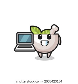 Mascot Illustration of herbal bowl with a laptop , cute style design for t shirt, sticker, logo element