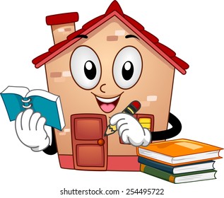 Mascot Illustration of a House Holding a Notebook and a Pencil