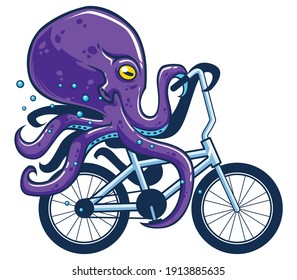 Mascot illustration of huge violet octopus riding bicycle.