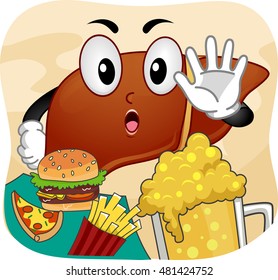 Mascot Illustration of a Human Liver Saying No to Burger, Pizza, Fries, and Beer