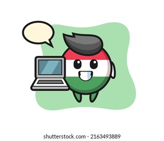 Mascot Illustration of hungary flag badge with a laptop , cute style design for t shirt, sticker, logo element