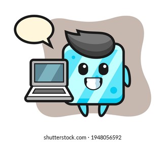 Mascot illustration of ice cube with a laptop, cute style design for t shirt, sticker, logo element