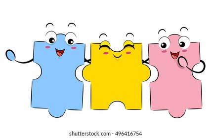 Mascot Illustration of Jigsaw Puzzle Pieces of Different Shapes Hanging Together