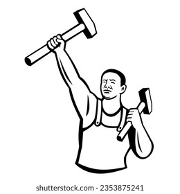 Mascot illustration of John Henry, American folk hero, African American freedman and steel driver holding sledge hammer viewed from front
isolated background in retro style.