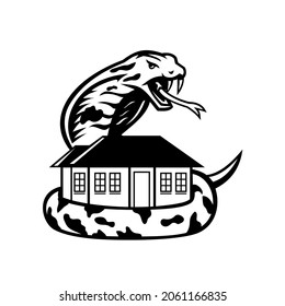 Mascot illustration of a king cobra or Ophiophagus hannah a venomous snake species of elapids guarding a house ready to attack on isolated background in retro black and white style.