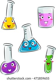 Maskottabilustration von Laborwerkzeugen mit verschiedenen Chemikalien
