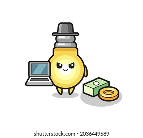 Ilustración en mascota de la bombilla como hacker , diseño de estilo lindo para camiseta, pegatina, elemento logo