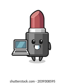 Mascot Illustration of lipstick with a laptop , cute style design for t shirt, sticker, logo element