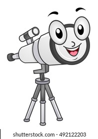 Mascot Illustration of a Long Range Telescope Mounted on a Tripod Smiling Happily