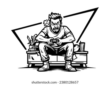 Mascot illustration of a man playing video games with a joystick excited angry guy holding game pad playing games vector cartoon drawing outline ready for coloring