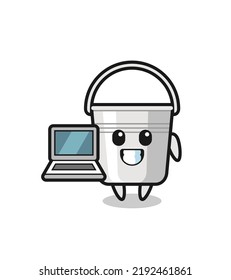 Mascot Illustration of metal bucket with a laptop , cute style design for t shirt, sticker, logo element