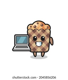 Mascot Illustration of muffin with a laptop , cute design