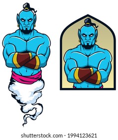 Mascot illustration of muscular genie awaiting your commands.