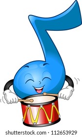 Mascot Illustration of a Music Note Beaming Happily While Playing the Drums