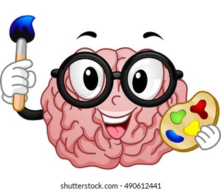 Mascot Illustration of a Nerdy Brain in a Pair of Glasses Holding a Color Palette in One Hand and a Paintbrush in the Other
