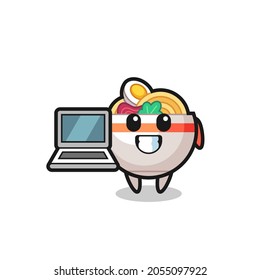 Mascot Illustration of noodle bowl with a laptop , cute style design for t shirt, sticker, logo element