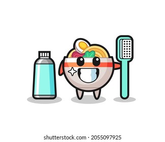 Mascot Illustration of noodle bowl with a toothbrush , cute style design for t shirt, sticker, logo element
