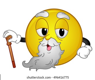Mascot Illustration of an Old Smiley With White Long Beard Using a Cane to Walk