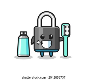 Mascot Illustration of padlock with a toothbrush , cute style design for t shirt, sticker, logo element