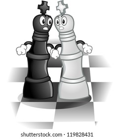 Mascot Illustration of a Pair of Kings Fighting on a Chess Board