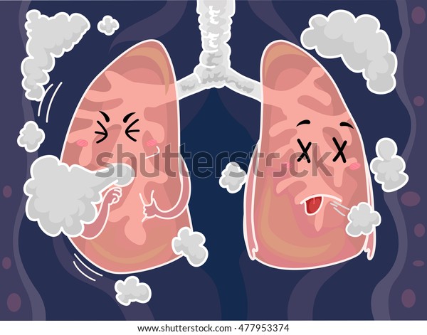 Mascot Illustration of a Pair of Lungs Coughing\
After Inhaling Smoke